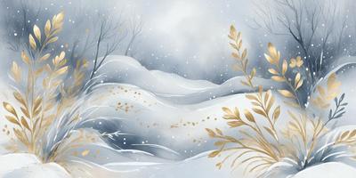 The primary subject of the image is a snowy landscape with a tree in the foreground. The setting is a wintery environment with snow covering the ground and trees. The visual style is a painting or digital art, creating a serene and peaceful atmosphere. The dominant colors are white and gold, with the snow and tree creating a sense of tranquility.